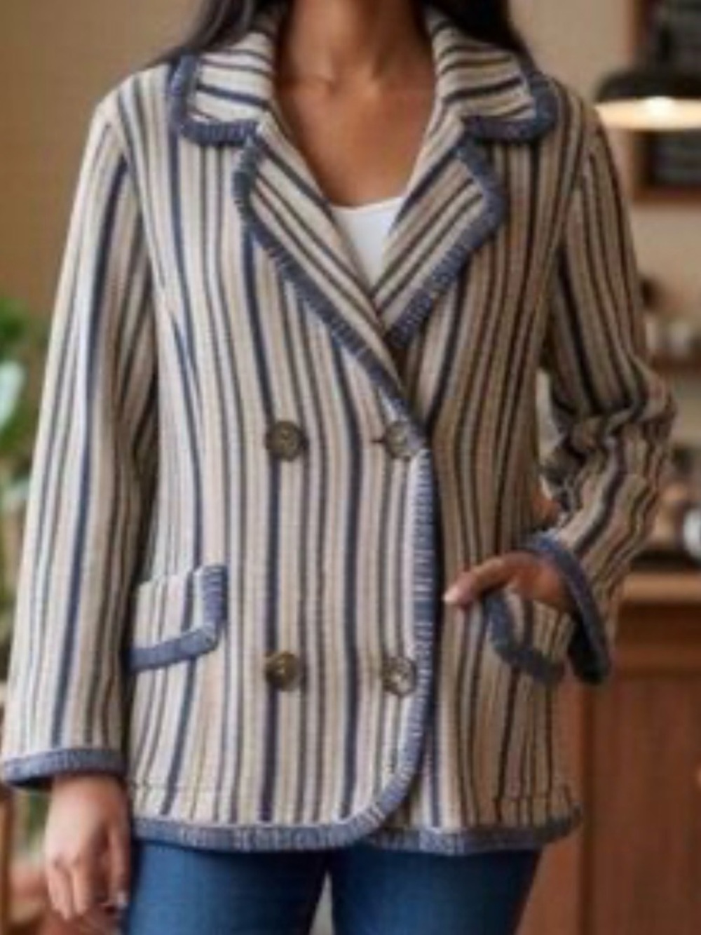 M By Missoni Italy Knit Cardigan Jacket  Blue Beige Stripe Coat Sz 8 Viscose